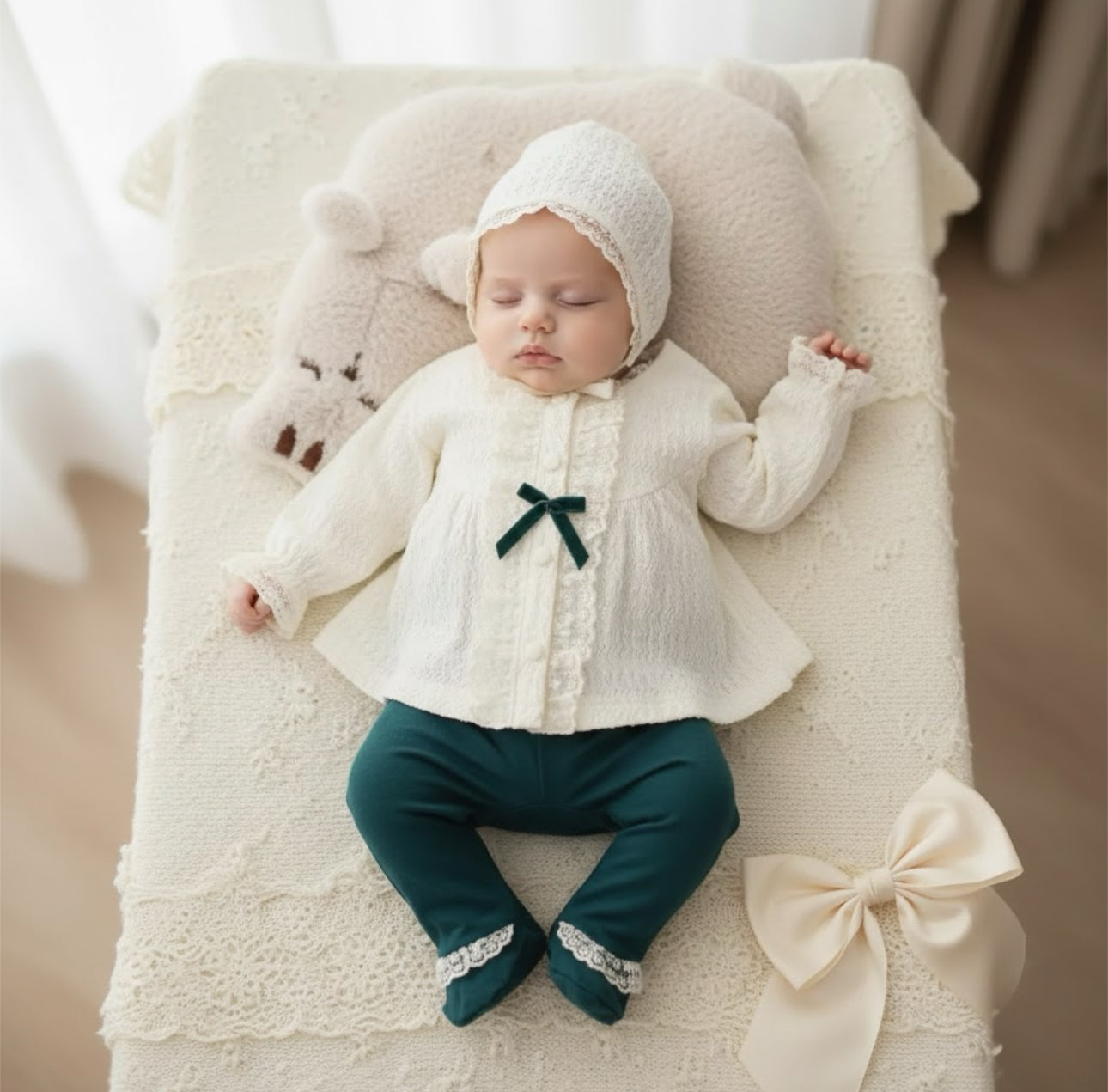 Newborn baby wearing the Victoria Lace set with cream cardigan and dark teal pants, lying on a decorative lace blanket.
