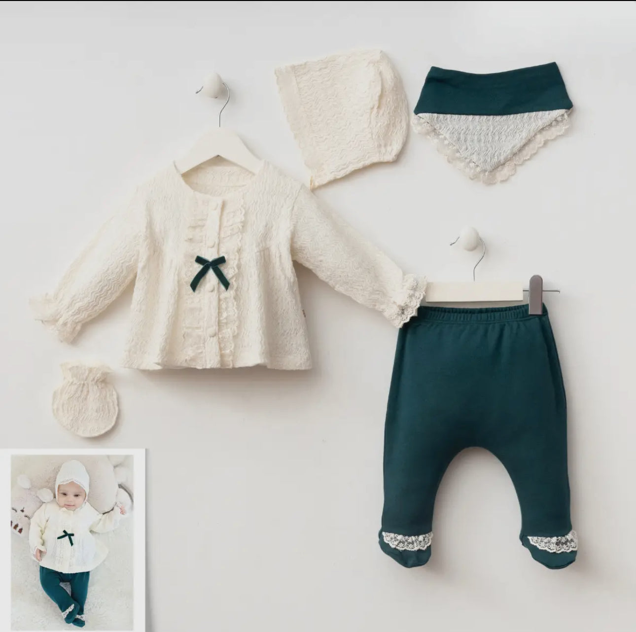 Complete 5-piece Victoria Lace set including cream knit cardigan with teal bow, dark teal leggings with lace trim, beanie, bib, and mitten.