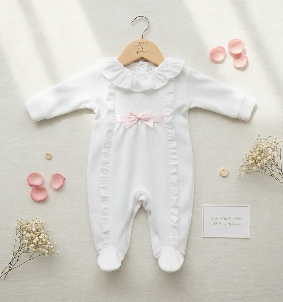 Flat lay of the white Victoria velour baby sleepsuit with pink bow detail, styled with baby accessories