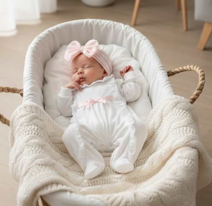 Newborn baby resting in a basket while wearing the white Victoria velour sleepsuit with delicate pink detailing